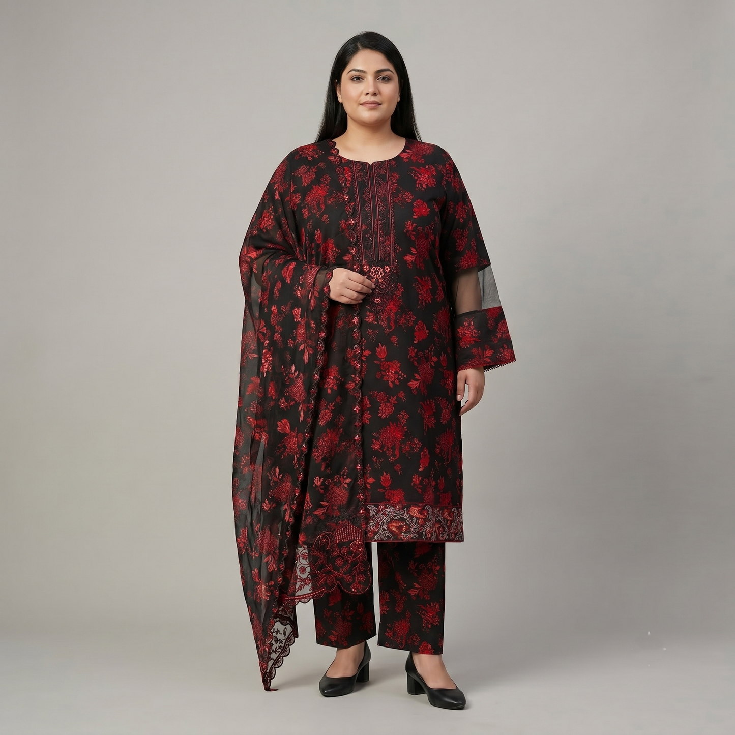 Midnight Dahlia Elegance – 3 Piece Cut-Work Border Suit PSW-11253