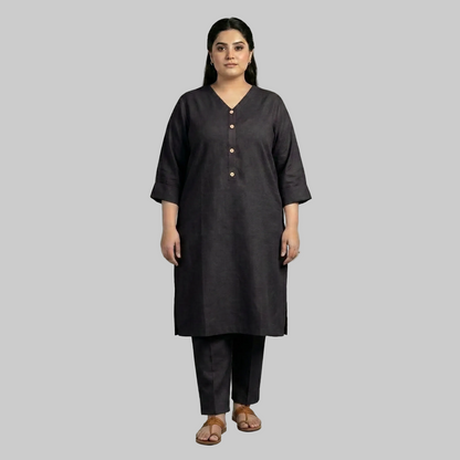 Midnight Ember Plus Size Black Cotton Co-Ord Set – Women's Straight Kurta & Trouser XL–5XL | PlusSize.pk Pakistan