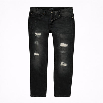 Midnight Rift distressed denim pants in deep indigo wash with light fading, subtle ripped details, straight fit silhouette, classic five-pocket styling, and durable stitching for everyday wear