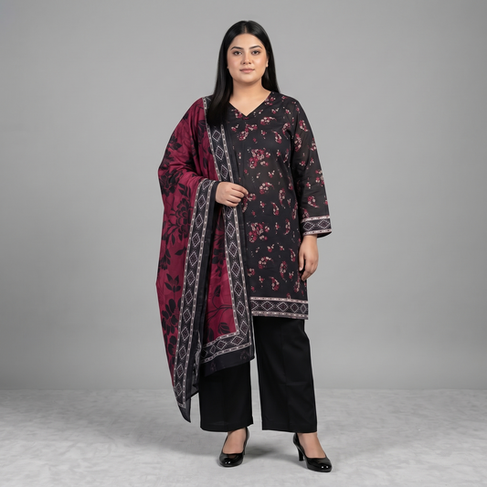Woman wearing a Midnight Rose Printed 3-Piece Suit featuring a black floral printed shirt, solid black trousers, and a maroon floral printed dupatta with decorative border detailing.