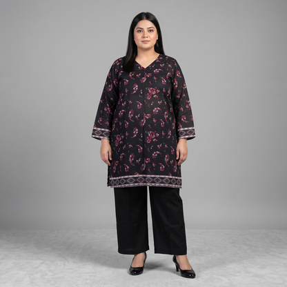Woman wearing a Midnight Rose Printed 3-Piece Suit featuring a black floral printed shirt, solid black trousers, and a maroon floral printed dupatta with decorative border detailing.