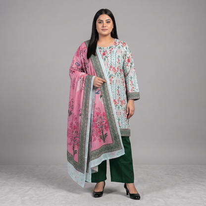 Woman wearing a Mint Blossom Printed 3-Piece Suit featuring a mint floral printed straight-fit shirt, green trousers, and a pink floral printed dupatta with decorative border.