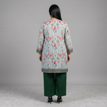 Woman wearing a Mint Blossom Printed 3-Piece Suit featuring a mint floral printed straight-fit shirt, green trousers, and a pink floral printed dupatta with decorative border.