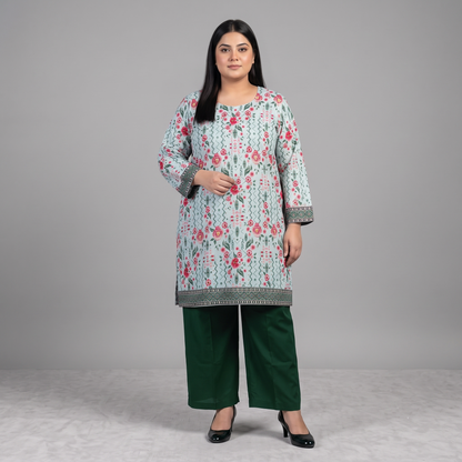 Woman wearing a Mint Blossom Printed 3-Piece Suit featuring a mint floral printed straight-fit shirt, green trousers, and a pink floral printed dupatta with decorative border.