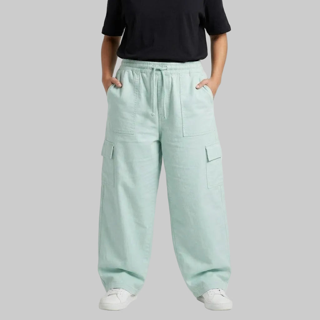 Mint Breeze Cargo Baggy Trousers crafted from premium 98% cotton, 2% elastane twill dyed fabric with a relaxed baggy fit, elastic waistband, and functional cargo pockets.