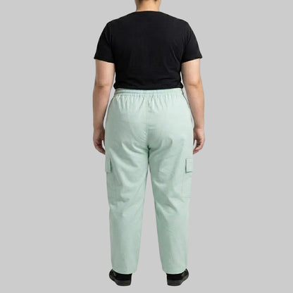 Mint Breeze Cargo Baggy Trousers crafted from premium 98% cotton, 2% elastane twill dyed fabric with a relaxed baggy fit, elastic waistband, and functional cargo pockets.