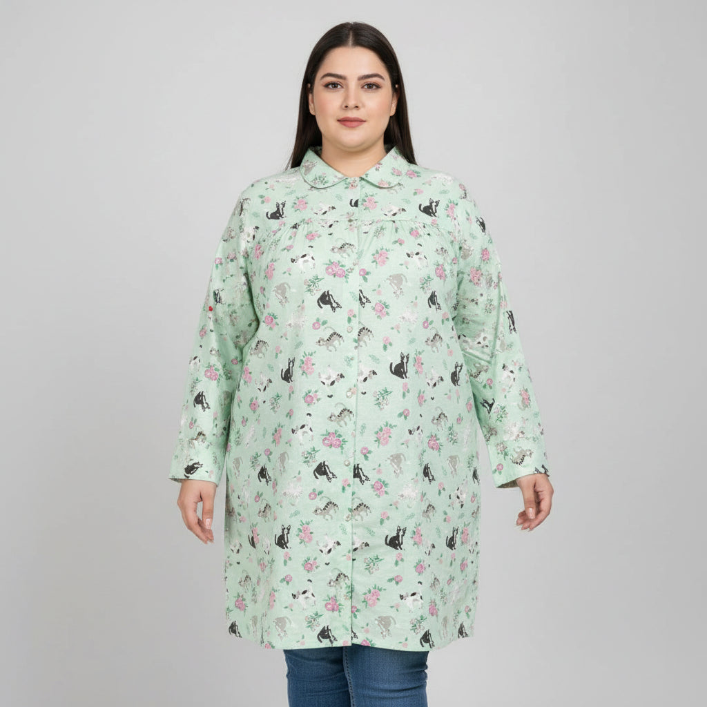 Mint green long tunic shirt with cat and floral print button front design