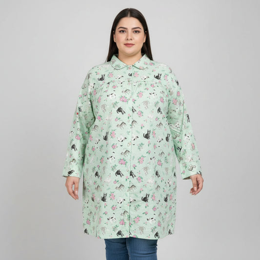 Mint green long tunic shirt with cat and floral print button front design