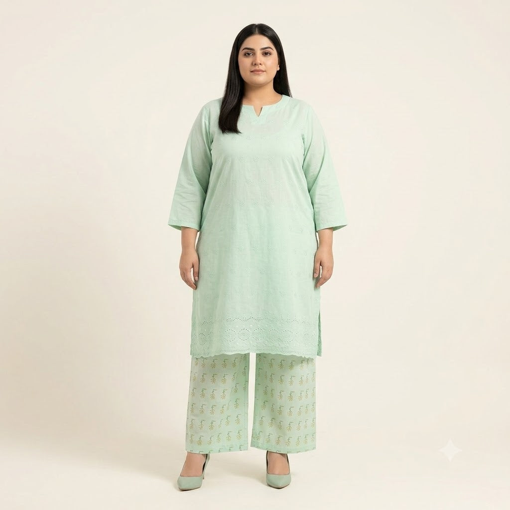 Mint green Chikankari Lawn shirt with printed Lawn trouser co-ord set