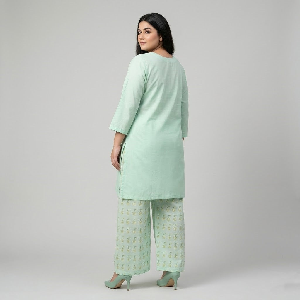 Mint green Chikankari Lawn shirt with printed Lawn trouser co-ord set