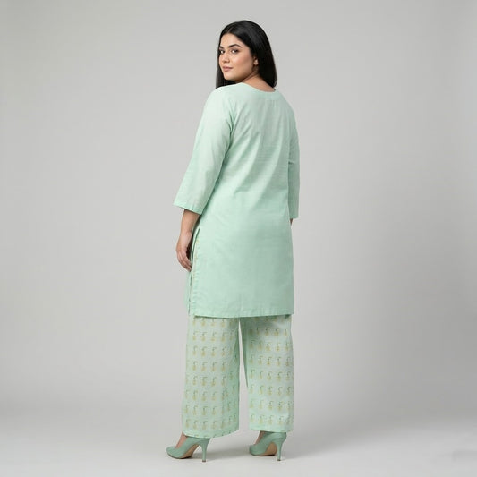 Mint green Chikankari Lawn shirt with printed Lawn trouser co-ord set