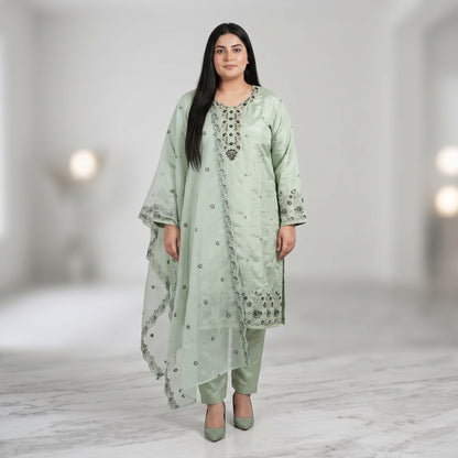 Mint Green Embroidered Katan Silk 3-Piece Suit