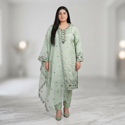 Mint Green Embroidered Katan Silk 3-Piece Suit