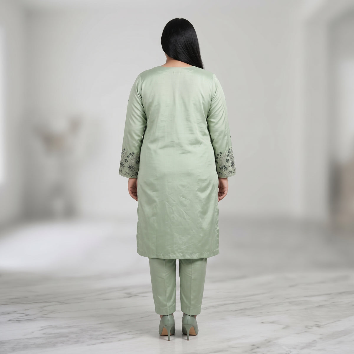 Mint Green Embroidered Katan Silk 3-Piece Suit