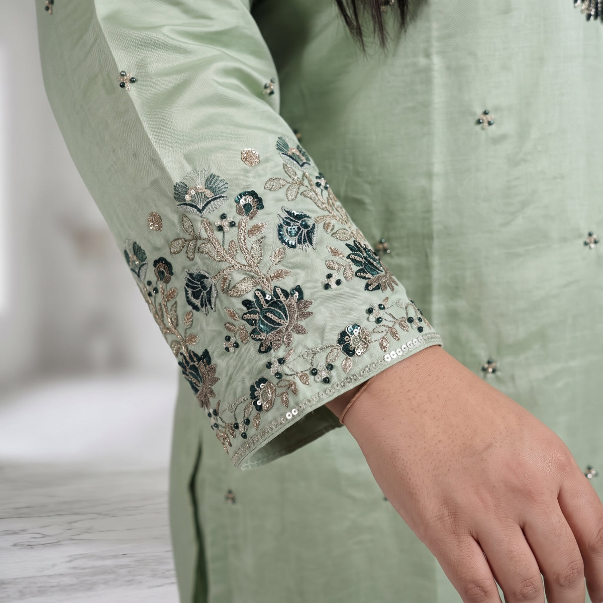 Mint Green Embroidered Katan silk 3-piece suit