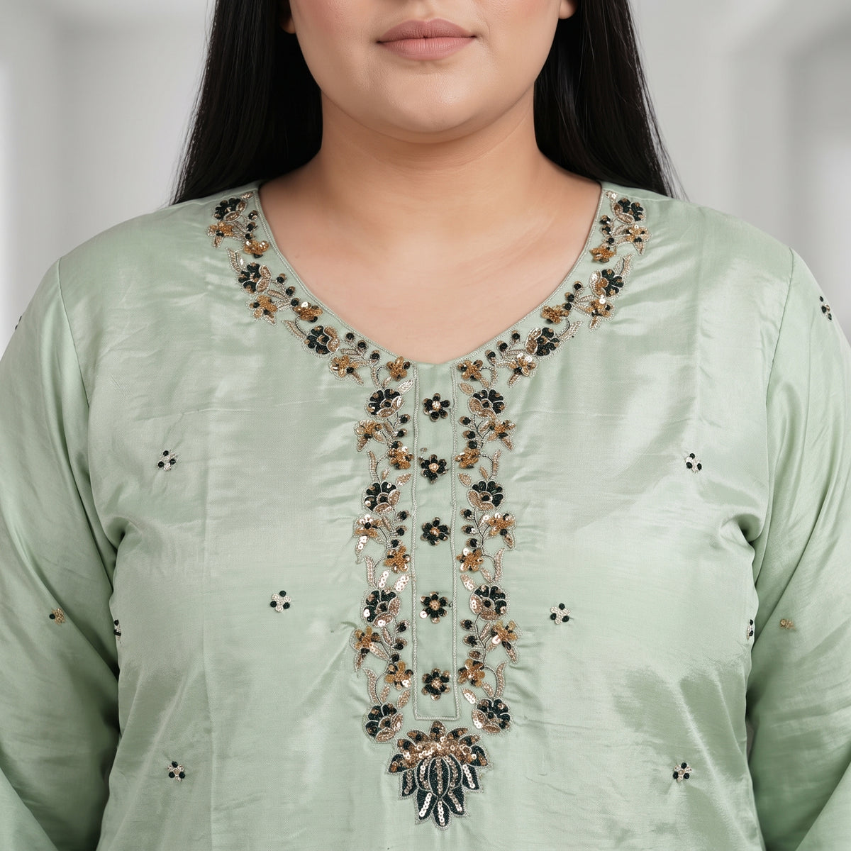 Mint Green Embroidered Katan silk 3-piece suit