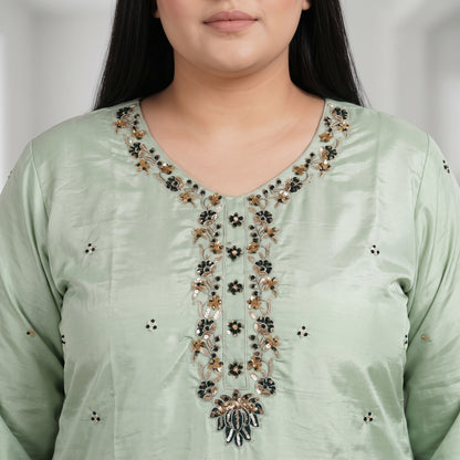 Mint Green Embroidered Katan silk 3-piece suit