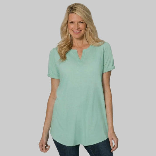 Mint green notch neck short sleeve T-shirt made from jersey cotton