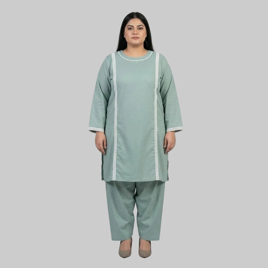 Mint Lace Trim Cotton Lawn Co-Ord Set for Women with Elegant Lace Detail