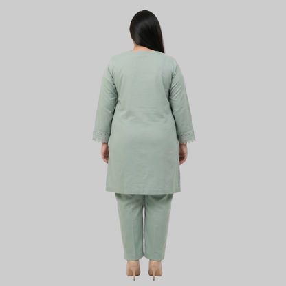 Mint cotton lawn lace trim co-ord set for women in breathable 100% cotton lawn fabric with an elegant two-piece summer outfit.