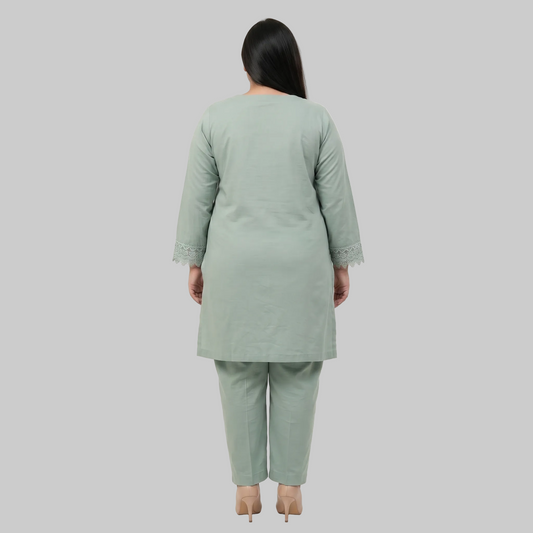 Mint cotton lawn lace trim co-ord set for women in breathable 100% cotton lawn fabric with an elegant two-piece summer outfit.