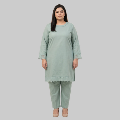 Mint cotton lawn lace trim co-ord set for women in breathable 100% cotton lawn fabric with an elegant two-piece summer outfit.