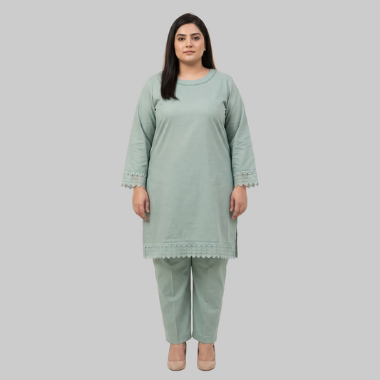 Mint cotton lawn lace trim co-ord set for women in breathable 100% cotton lawn fabric with an elegant two-piece summer outfit.