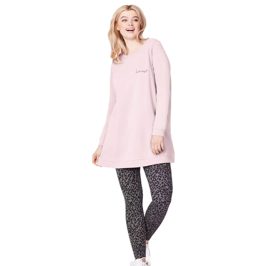 Close-up of ribbed scoop neckline and “Love” print detail on Misty Rose Sweatshirt