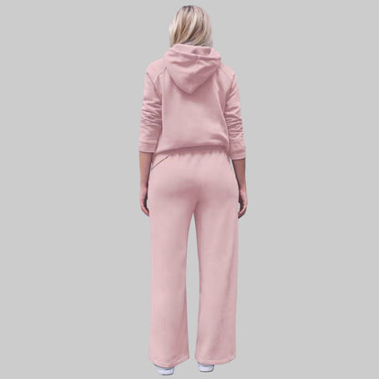 Plus-size Misty Rose wide leg fleece sweatpants with drawstring waist and side pockets, displayed flat on white background.