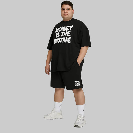 Money Is D Motive plus-size shorts set for men featuring a relaxed fit, soft breathable fabric, and matching top and shorts designed for everyday comfort and style