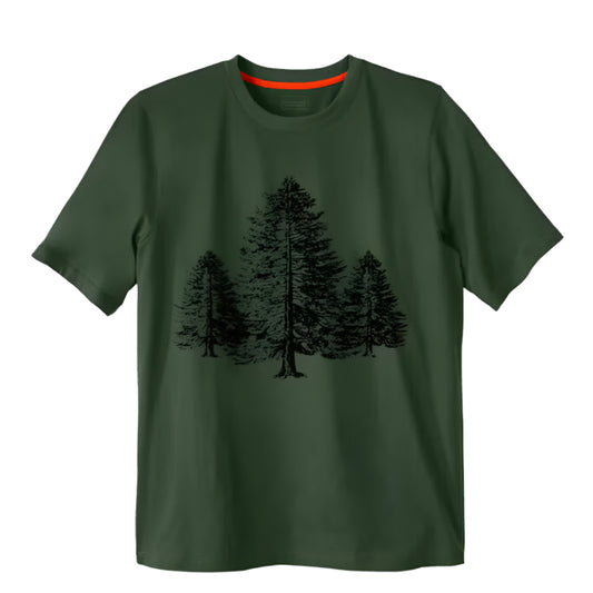 Green Big & Tall T-shirt with black mountain forest tree graphic across the chest