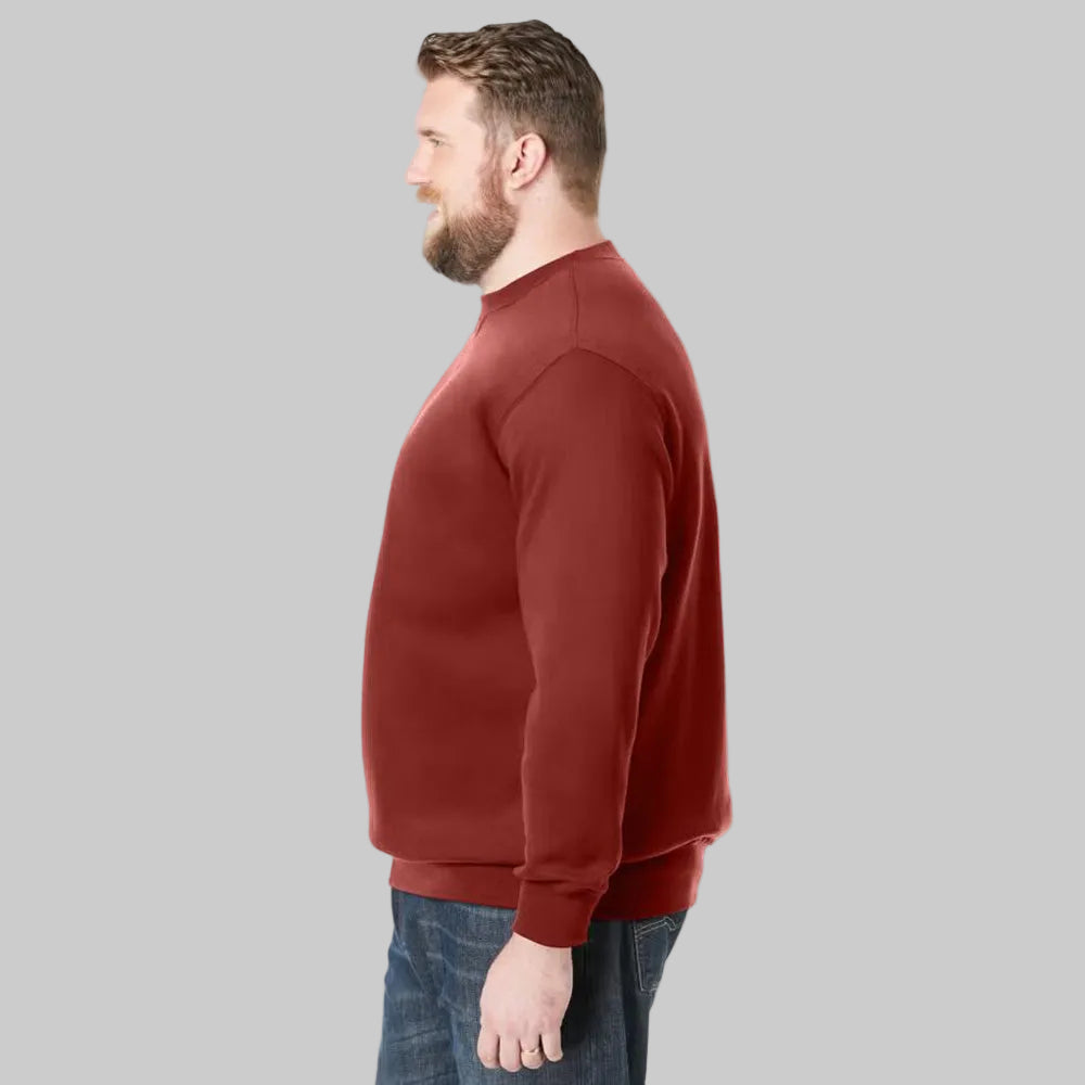 Mountain red fleece crewneck sweatshirt for big and tall men with relaxed fit and V-inset neckline.