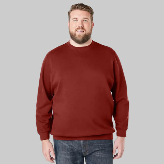 Mountain red fleece crewneck sweatshirt for big and tall men with relaxed fit and V-inset neckline.