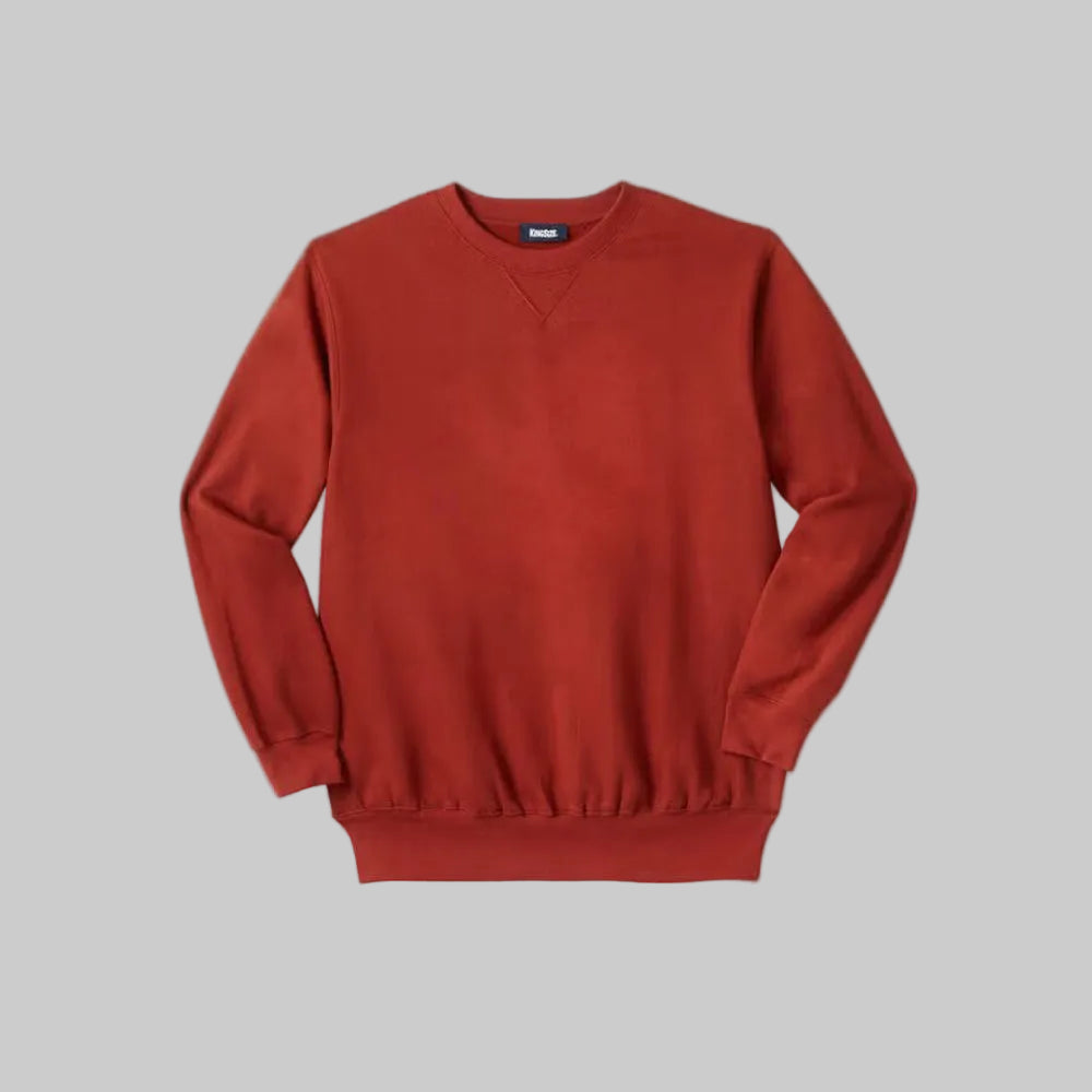 Mountain red fleece crewneck sweatshirt for big and tall men with relaxed fit and V-inset neckline.