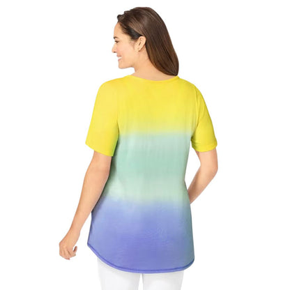 Multi Dip Dye Short Sleeve V Neck Shirred Tee PSW-6918