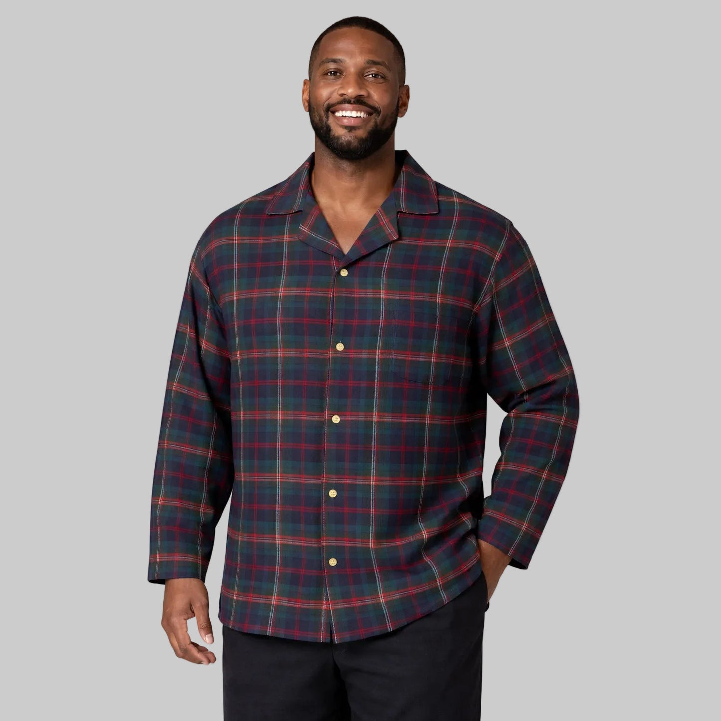Big and tall multi plaid flannel night shirt in 100% cotton with long sleeves, button front, notched collar, and chest pocket.