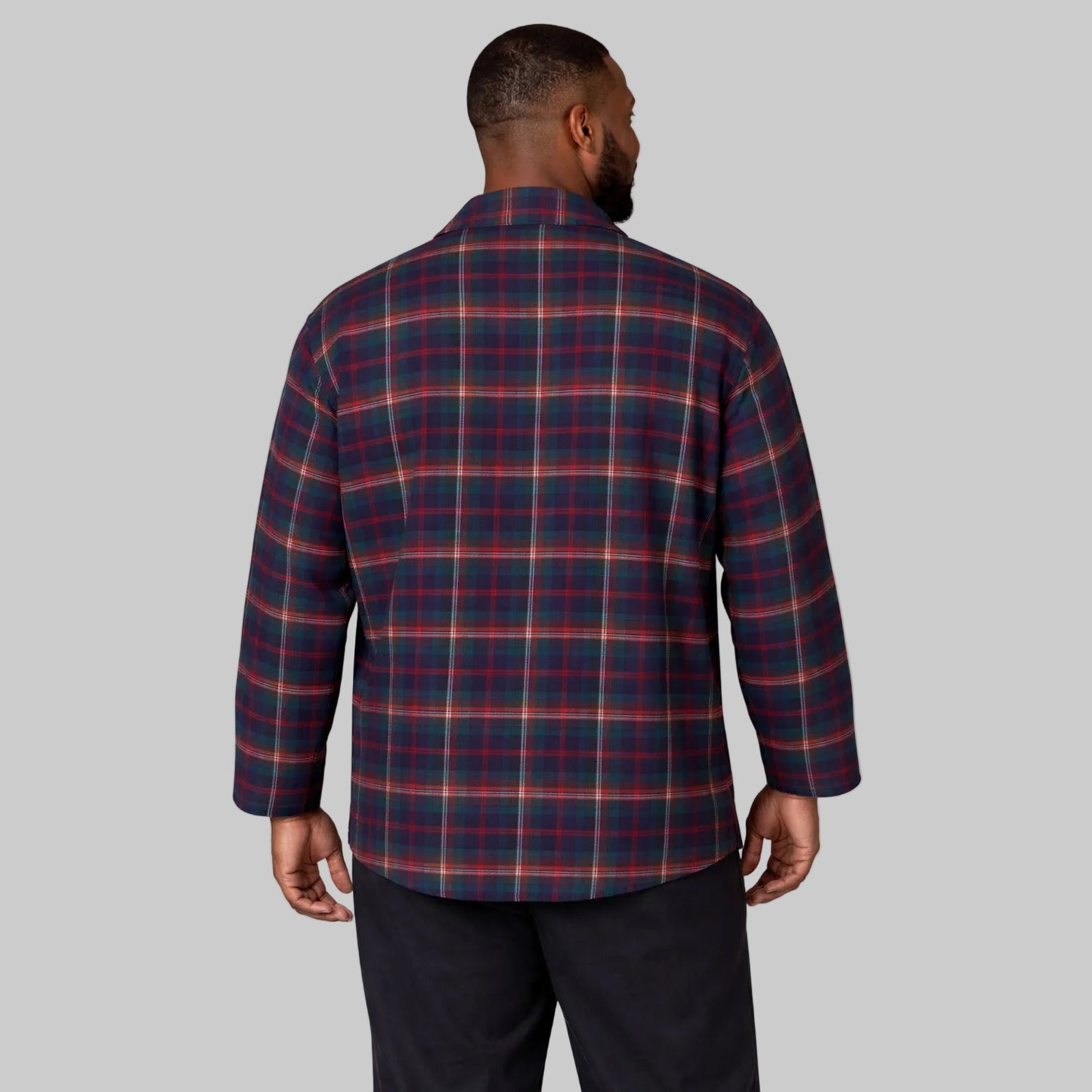 Big and tall multi plaid flannel night shirt in 100% cotton with long sleeves, button front, notched collar, and chest pocket.