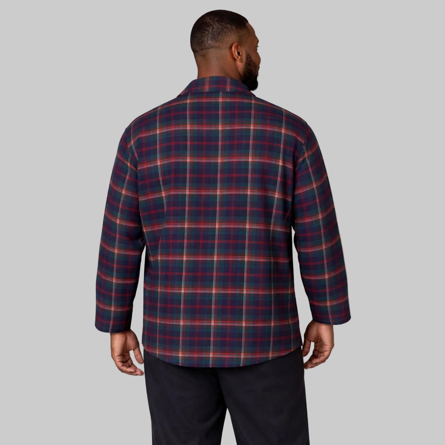 Big and tall multi plaid flannel night shirt in 100% cotton with long sleeves, button front, notched collar, and chest pocket.