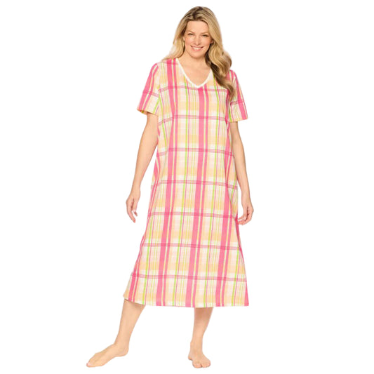 Multi plaid long print sleepshirt in soft cotton with classic plaid pattern, ribbed V-neck, short sleeves, A-line fit, side slits, and 46" length.