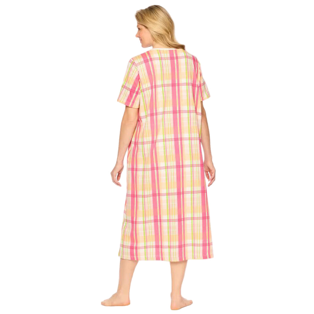 Multi plaid long print sleepshirt in soft cotton with classic plaid pattern, ribbed V-neck, short sleeves, A-line fit, side slits, and 46" length.