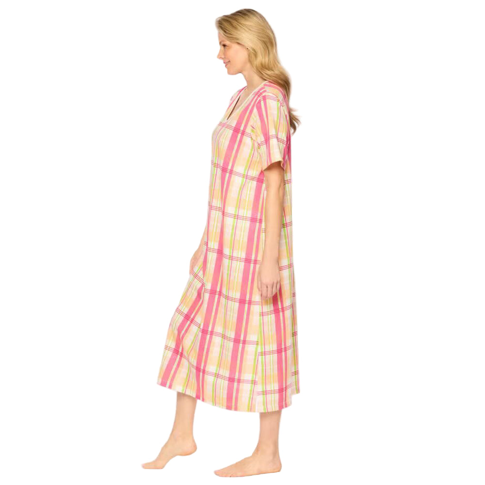 Multi plaid long print sleepshirt in soft cotton with classic plaid pattern, ribbed V-neck, short sleeves, A-line fit, side slits, and 46" length.