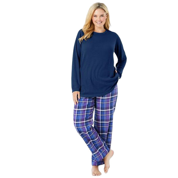 Women’s plus size multi plaid thermal pajama set with relaxed fit thermal top and elastic waist plaid cotton pants.