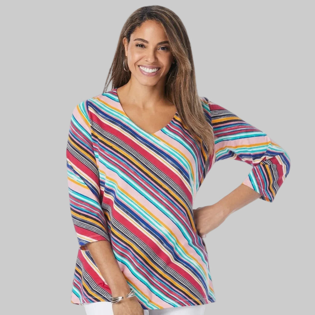 Multi brushstroke stripe plus size women V neck T-shirt in jersey cotton