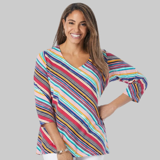 Multi brushstroke stripe plus size women V neck T-shirt in jersey cotton