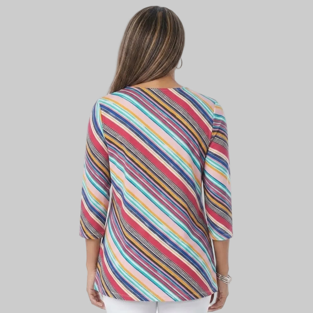 Multi brushstroke stripe plus size women V neck T-shirt in jersey cotton