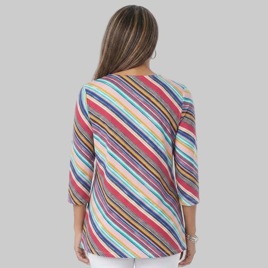 Multi brushstroke stripe plus size women V neck T-shirt in jersey cotton