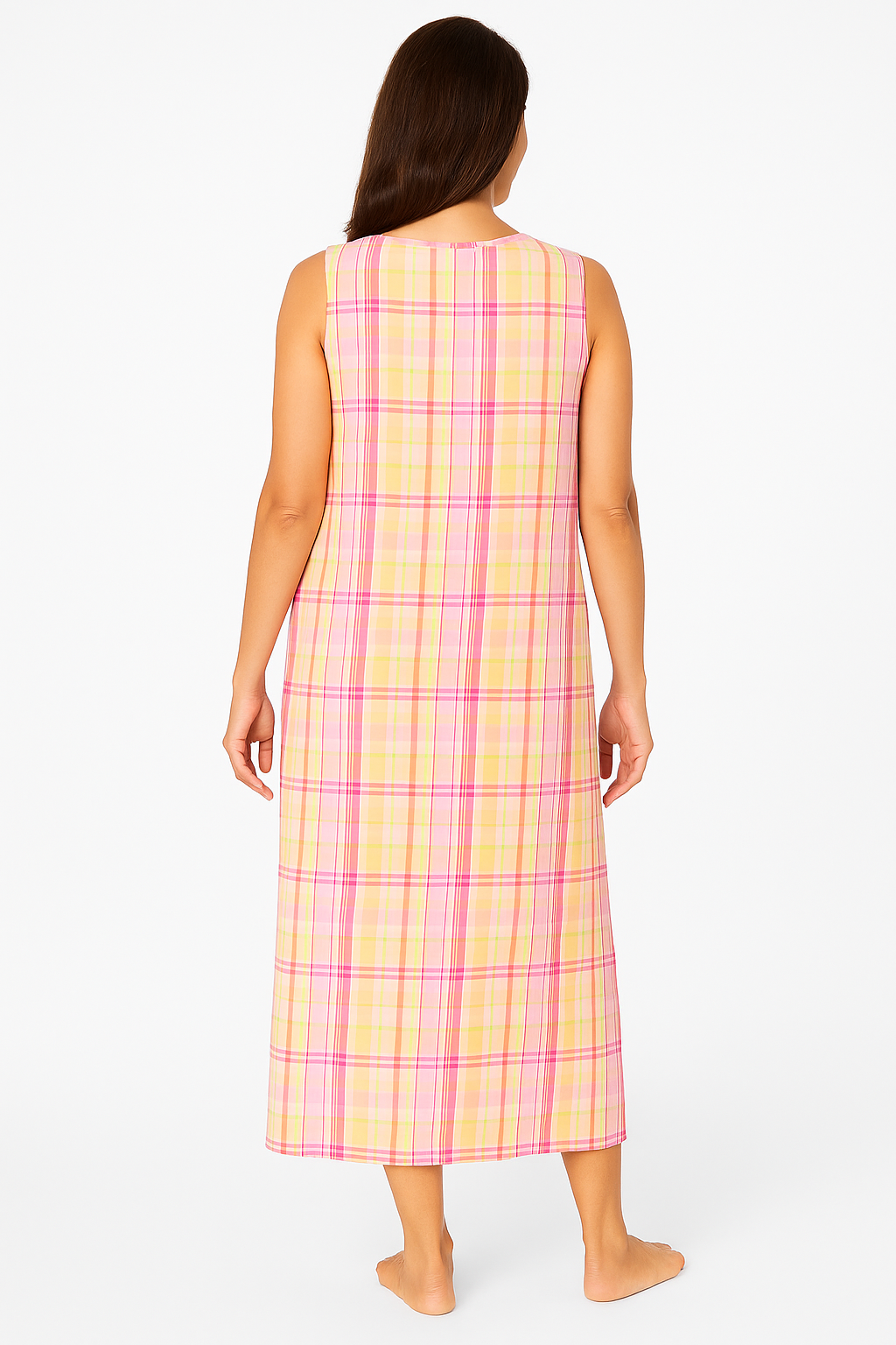Close-up of breathable cotton plaid fabric on sleeveless sleepshirt