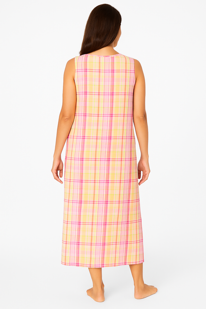 Close-up of breathable cotton plaid fabric on sleeveless sleepshirt