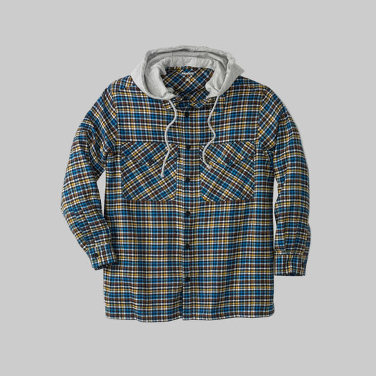 Big and tall flannel shirt jacket with removable drawstring hood, oversized fit, chest pockets, and soft brushed cotton fabric.