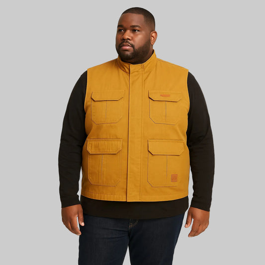 Men’s mustard twill cotton sleeveless jacket, lightweight layering vest, front studio view